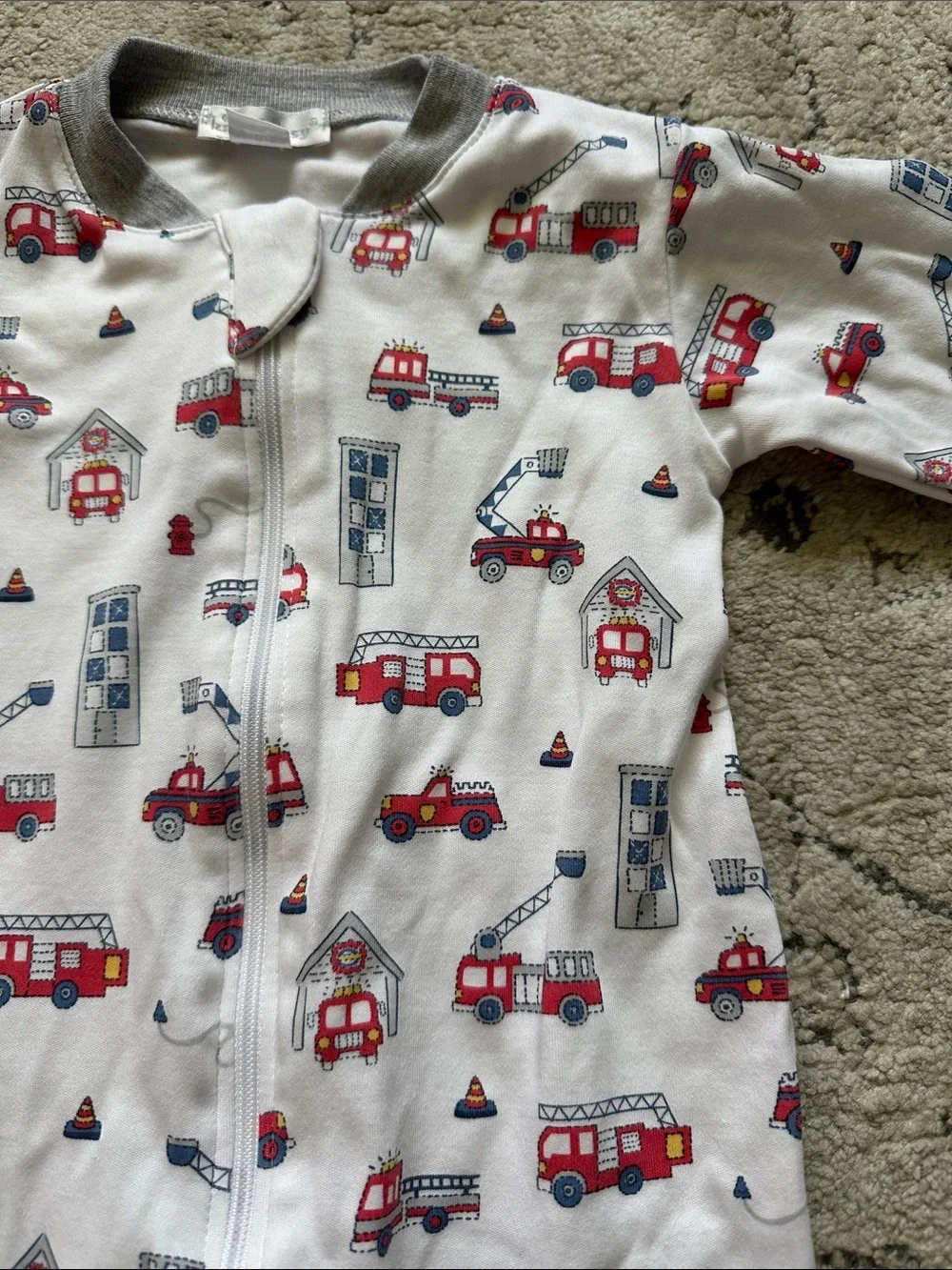 Kissy kissy White Baby One-Piece with Red Fire Truck Print